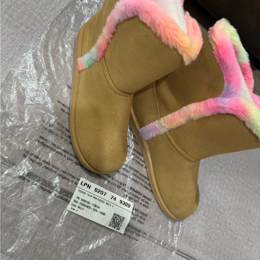 JustFab Kids Tan Boots with Rainbow Fur Trim